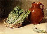 William Holman Hunt Paintings - Still Life With A Jug, A Cabbage In A Basket And A Gherkin by William Henry Hunt